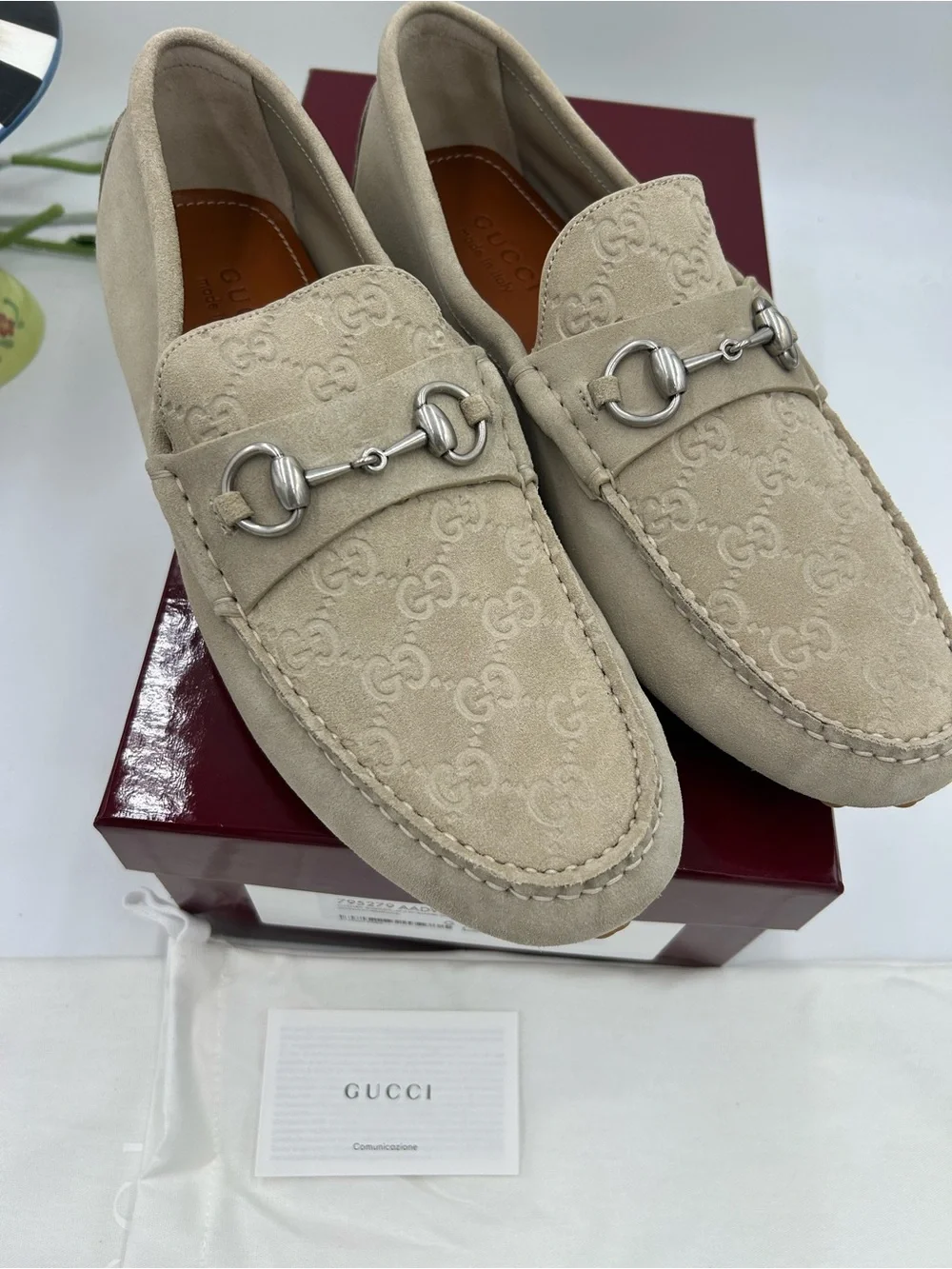 Men's Gucci GG embossed oatmeal suede driver loafers size 11 fits 12 US